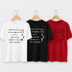 Three t-shirts in white, black, and red with text and footprints on hangers against a white background.