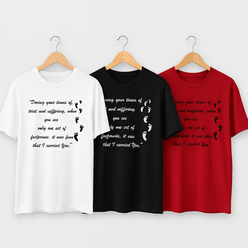 Three t-shirts in white, black, and red with text and footprints on hangers against a white background.