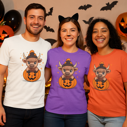 Cow on Pumpkin Graphic Tee – Heather Orange, Heather Purple, or White (S–4XL)