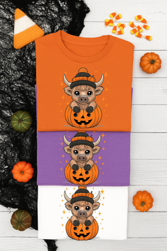 Cow on Pumpkin Graphic Tee – Heather Orange, Heather Purple, or White (S–4XL)