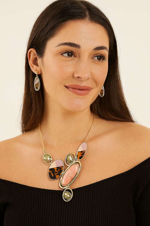 Natural Gem Oval Cluster Bib Necklace & Earring Set