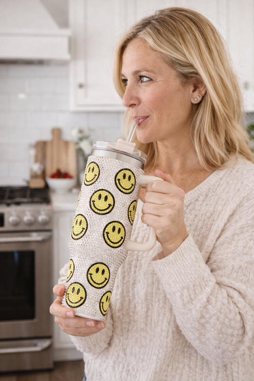 Full Rhinestone Happy Face Tumbler Cup — 40oz (Multicolored or Yellow)
