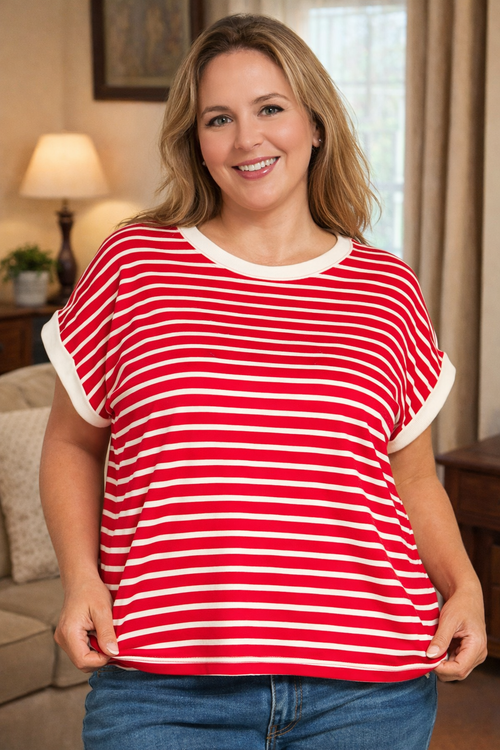 Zenana Contrast Trim Cap Sleeve Stripe Tee – Ruby