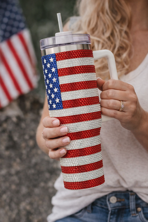 USA Flag Rhinestone 40oz Tumbler – Bold, Sparkly, All-American Style