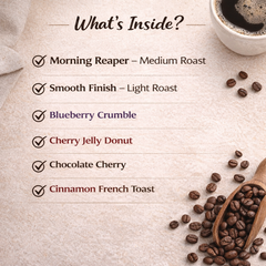 List of coffee flavors with roasted beans and a cup of coffee on a textured surface.