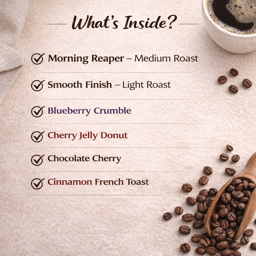 List of coffee flavors with roasted beans and a cup of coffee on a textured surface.