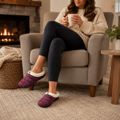 A woman sits in a cozy armchair by a fireplace, holding a white mug. She is wearing knit slip-on slippers with a burgundy and purple pattern and white fleece lining, paired with black leggings and a cream knit sweater.