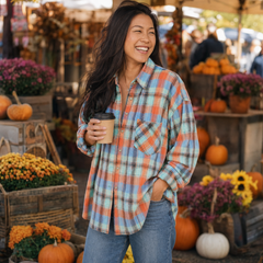 A woman smiling in an outdoor autumn market, wearing a long-sleeve plaid button-up shirt in orange, blue, and white, paired with blue jeans and holding a paper coffee cup.