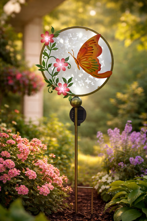 Peach butterfly solar garden stake glowing softly in a sunlit garden with pink and purple flowers, creating a peaceful outdoor setting
