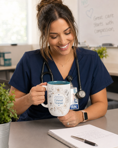 Smiling nurse in navy scrubs holding a Great Nurse teal floral mug during a coffee break.