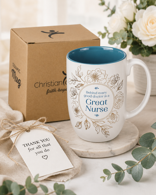 Great Nurse mug styled as a nurse appreciation gift with kraft box, eucalyptus, flowers, and thank-you tag.