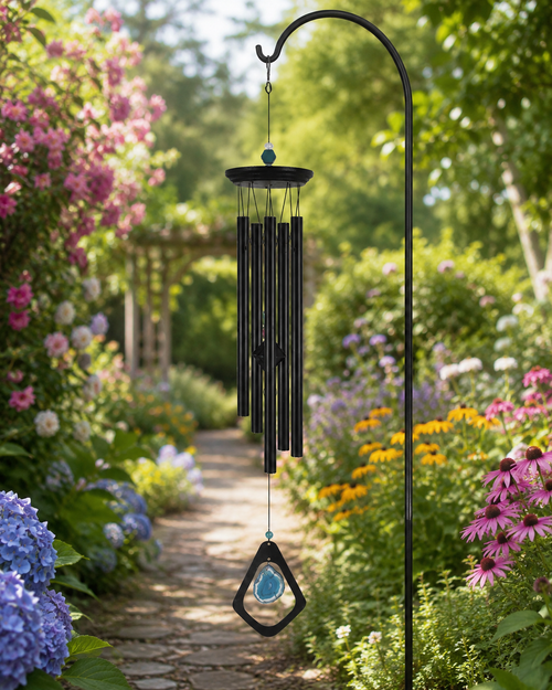 Blue agate wind chime displayed in a garden setting with calming outdoor decor and flowers.