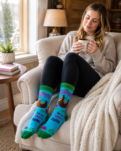 Woman relaxing in a cozy armchair by a window wearing bright blue and green Sloth Is My Spirit Animal crew socks while holding a coffee mug.