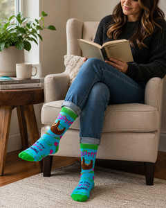 Woman sitting in a cozy reading chair with cuffed jeans, wearing blue and green sloth novelty crew socks with the phrase Sloth Is My Spirit Animal.