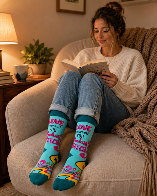 Woman sitting in a soft armchair reading a book while wearing teal novelty crew socks with the phrase Love Yourself You Badass Bitch.