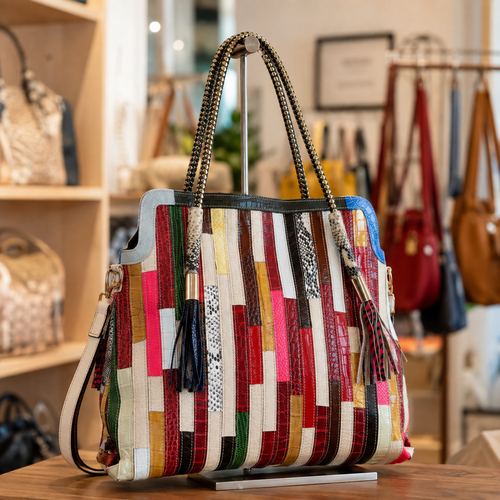 Colorful Genuine Leather Patchwork Tote Bag