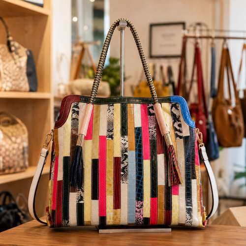 Colorful Genuine Leather Patchwork Tote Bag