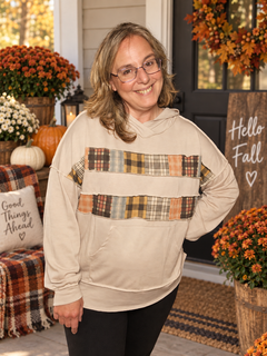 Patchwork Plaid Stripe Hoodie – Taupe