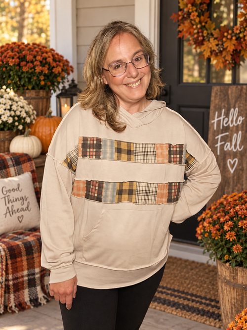 Patchwork Plaid Stripe Hoodie – Taupe