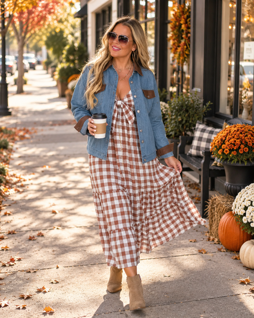 A woman stands on a sunlit sidewalk wearing a fall-themed outfit consisting of a rust and white gingham dress, a light blue denim jacket with brown trim, and tan ankle boots. She holds a white coffee cup, with autumn decorations like pumpkins, mums, and a bench with a plaid cushion in the background.