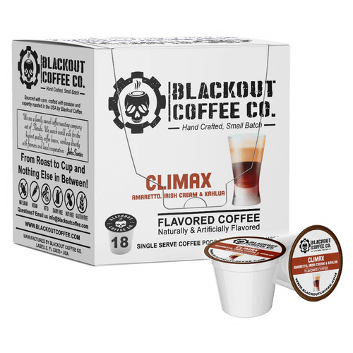 Blackout Coffee Co. Climax flavored coffee package with a single serve cup on a white background