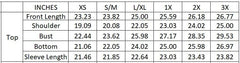 Measurement chart for clothing sizes XS to 3X with dimensions in inches.