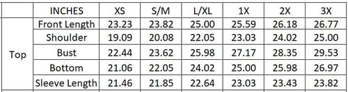 Measurement chart for clothing sizes XS to 3X with dimensions in inches.