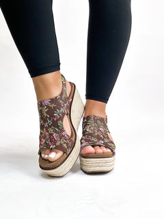 Corkys Floral Dreams Platform Wedge – Black or Rust Braided Espadrille Sandals (Sizes 7–11)