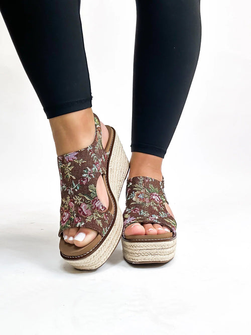 Corkys Floral Dreams Platform Wedge – Black or Rust Braided Espadrille Sandals (Sizes 7–11)