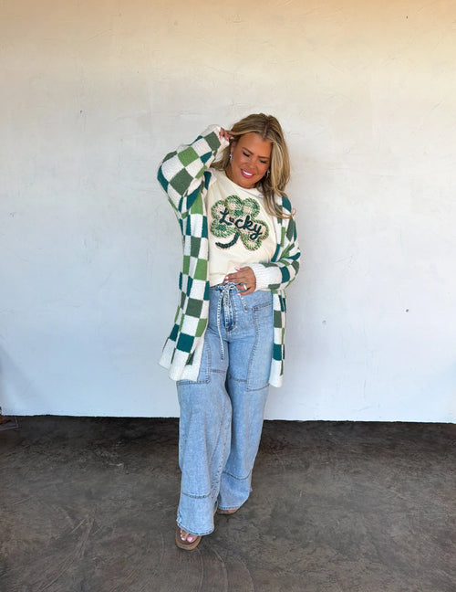 Lucky Charm Cloud Check Cardigan – St. Patty Green (Preorder)