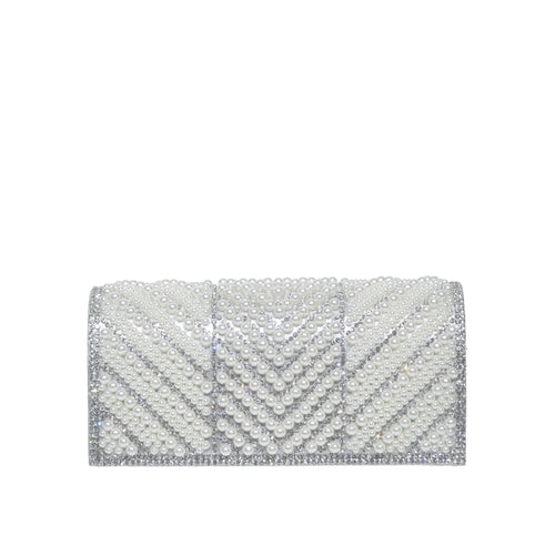 Silver pearl beaded rhinestone clutch evening bag front view