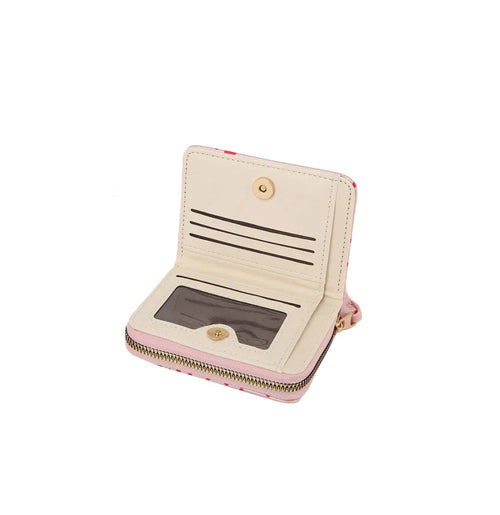 Small beige wallet with a pink zipper on a white background