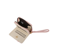 Beige wallet with pink strap on a white background