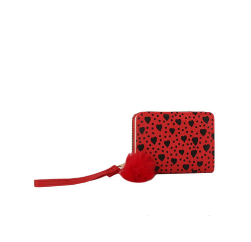 Red wallet with black heart pattern and red pom-pom on a white background