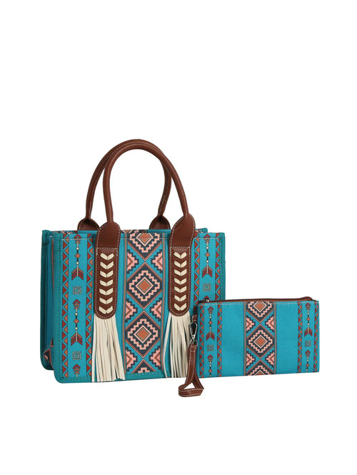 Teal Aztec tote bag with matching pouch
