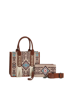 Tan Aztec tote bag with pouch and guitar strap.