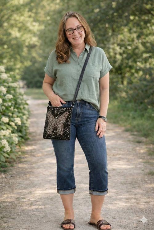 Rhinestone Butterfly Crossbody Sling - Black Vegan Leather