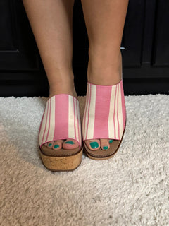 Corkys Mugshot Wedge Heel in Pink Natural Stripe – Stylish Slip-On Sandals for Women, Comfortable Cork Wedges