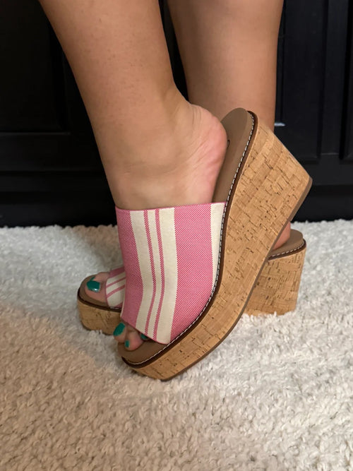 Corkys Mugshot Wedge Heel in Pink Natural Stripe – Stylish Slip-On Sandals for Women, Comfortable Cork Wedges