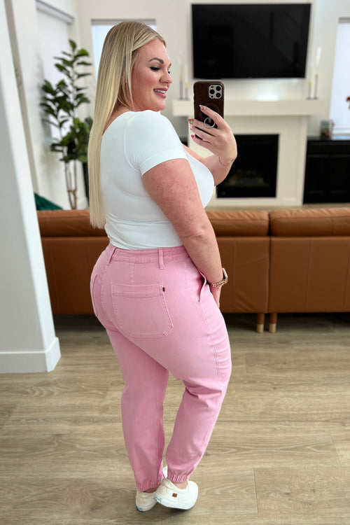 Judy Blue Regina High Rise Pink Denim Joggers – Drawstring Waist, Plus Sizes 9–24W