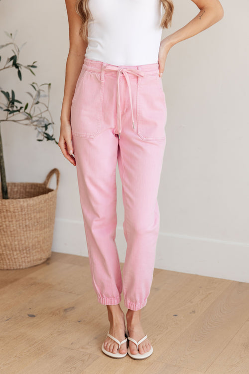 Judy Blue Regina High Rise Pink Denim Joggers – Drawstring Waist, Plus Sizes 9–24W