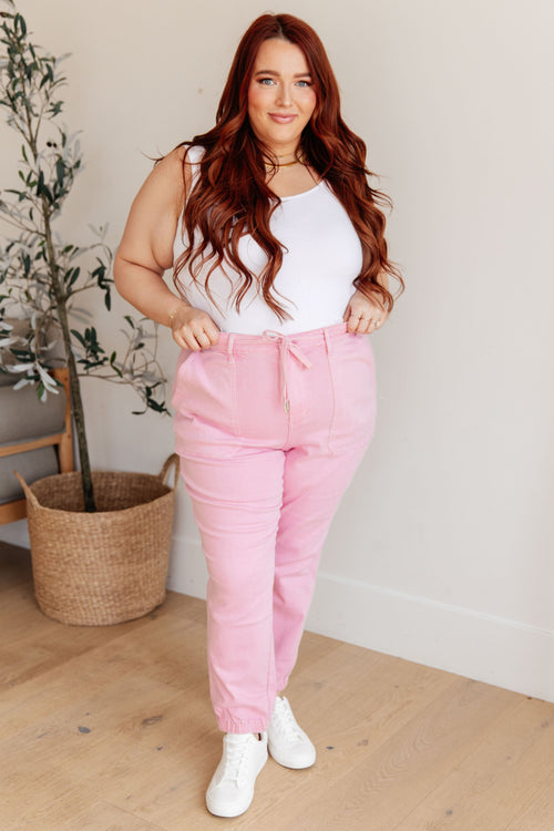 Judy Blue Regina High Rise Pink Denim Joggers – Drawstring Waist, Plus Sizes 9–24W