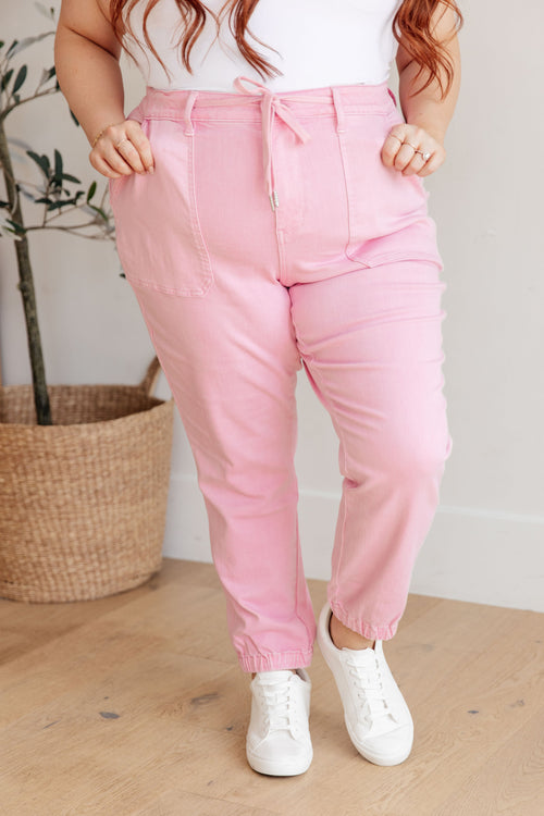 Judy Blue Regina High Rise Pink Denim Joggers – Drawstring Waist, Plus Sizes 9–24W
