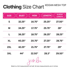 Jess Lea Keigan Mesh Top size chart