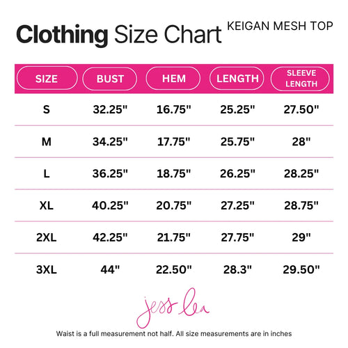 Jess Lea Keigan Mesh Top size chart