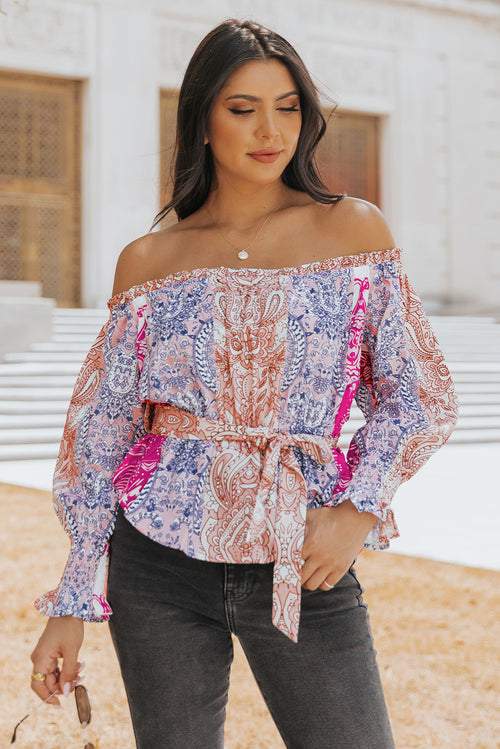 Multicolor Boho Off Shoulder Top Floral Print Long Sleeve Blouse