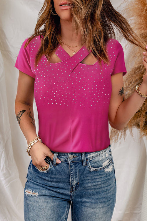 Rose Rhinestone Criss Cross Short Sleeve Top