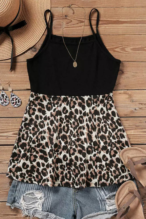 Black Leopard Patchwork Casual Spaghetti Strap Cami Top