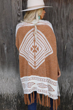 Brown Soft & Furry Knit Western Tassel Hem Cardigan