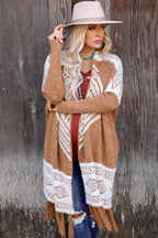 Brown Soft & Furry Knit Western Tassel Hem Cardigan